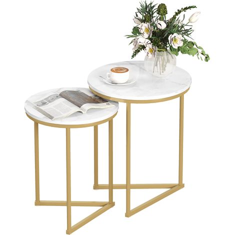 Set of Two Marble-Effect Nest of Tables - White/Gold-Tone (1/5)