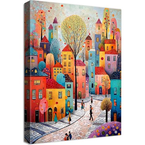 Cadre en Bois Impression sur Toile Ville Colorée Tableau Affiche Decoration Murale Image sur Toile Maison Fantastique Arbres Tableau Decoration Murale Salon Chambre à coucher Salle à Manger 40x60cm (1/5)
