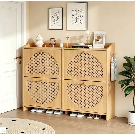 Meuble à chaussures 120x24x90 cm naturel en MDF avec 4 portes battantes, 8 compartiments et 2 crochets (1/5)