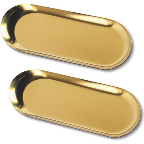 Goldene Tabletts, 2 Stück, ovale Schmucktabletts, dekorative Edelstahlplatten für Kosmetik, Obst, Desserts, Kerzen, 23 x 9 cm (1/5)