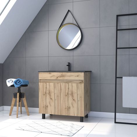Mueble de baño 80cm - Puertas Acabado Roble - Lavabo negro + Espejo Barbero- TIMBER 80- Pack24