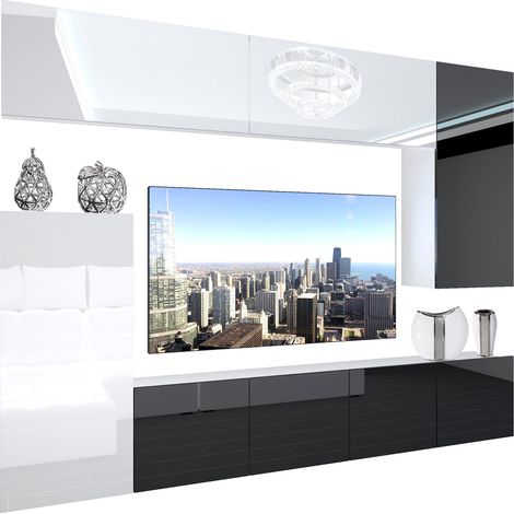 BELINI - Unité Murale TV NEX I Ensemble Muebles de Salon Complet I Ensemble Meuble TV avec Illumination LED I Dimensions: 250 x 180 x 36 cm I Coleur: Blanc très Brillant/Noir très Brillant 2 (1/5)