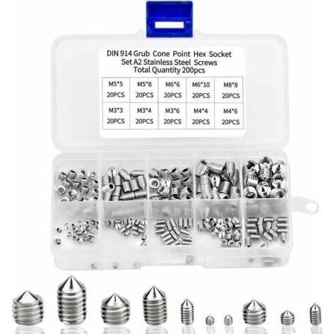 200pcs Vis Pointeau Vis Sans Tête Hexagonale , M3 M4 M5 M6 M8 Tête Conique Acier Inoxydable 304, Vis de pression,Kits de Vis à Six Pans Creux Coupelle (1/4)