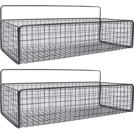 Lot de 2 paniers de rangement muraux en fil métallique noir pour armoires, garde-manger, placards, salle de bain, cuisine, chambre à coucher (1/5)