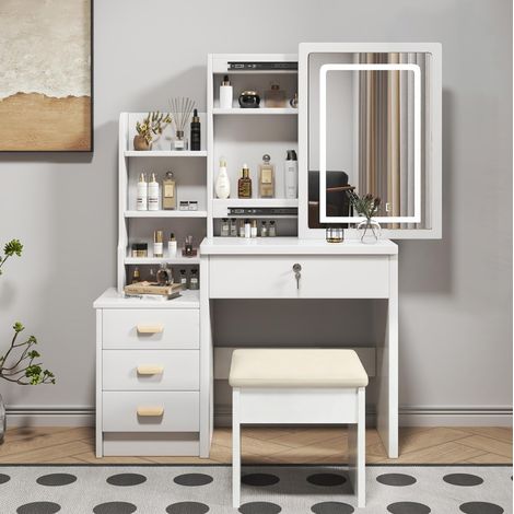 Toeletta 85x36x130 cm bianca in MDF con specchio LED, sgabello, 4 cassetti e illuminazione regolabile (1/5)