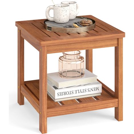Table d'Appoint d'Extérieur et d'Intérieur à 2 Niveaux, Bout de Canape en Bois avec Étagère de Rangement, 45 x 45 x 44 cm, Marron (1/5)