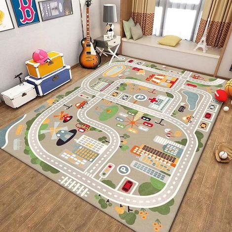 Tapis de jeu enfant avec circuit de voitures, moquette ville plan routier, carpette éducative pour garçons et filles, tapis de sol avec routes et circulation, idéal chambre salon salle de jeux, tapis (1/4)