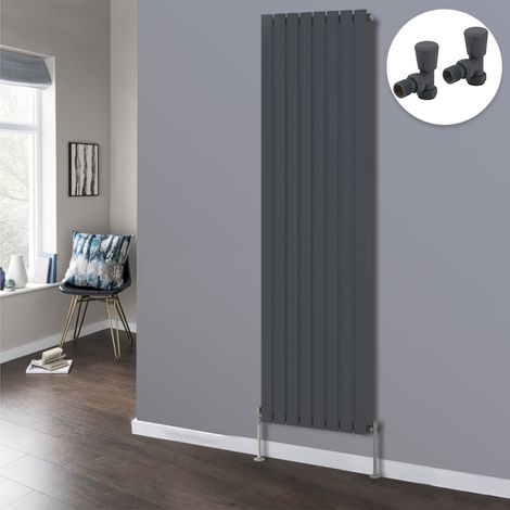 Flat Panel Designer Radiator Bathroom Central Heating Radiators Anthracite with Angled Manual Pair of Valves 1800 x 544mm Vertical Single