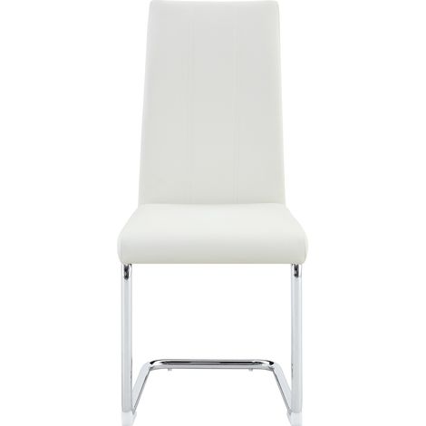 Lot de 2 chaises de salle à manger rembourrées en PU blanc - chaises d’appoint modernes à dossier haut avec solides pieds en tubes de fer chromés pour salle à manger, cuisine et salon