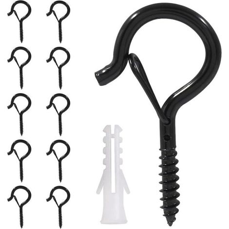 HOXILEELEO - Lot de 10 Crochets à Vis, Piton à Visser Noir,Crochets à Visser en Acier Inoxydable,Avec Boucle de Sécurité Crochet de Plafond Bois,pour Extérieur, Jardin, Plantes, Mangeoires à Oiseaux, 