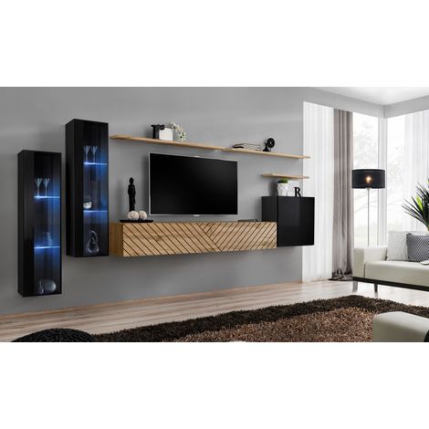 Ensemble de 7 meubles muraux "Switch XI" pour TV en bois - Beige et Noir - L 330 x H 160 x P 40 cm - Livraison gratuite