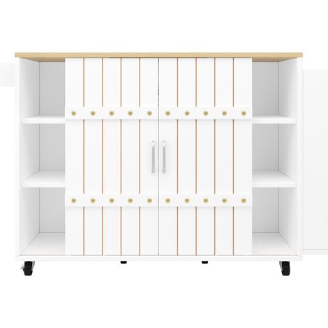 Carrello da cucina bianco con ruote, top ribaltabile, 3 cassetti e ante scorrevoli (1/5)