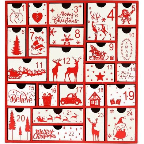 Calendrier de l'Avent à 24 tiroirs - Bois MDF rouge - Décoration de Noël - 2025 - (1/5)