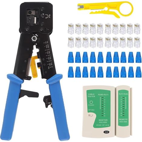 Kit d'outils de sertissage Ethernet RJ45, kit d'outils de sertissage pour câbles Cat5, Cat5e et Cat6 avec 20 connecteurs traversants Cat6, 20 capuchons et une pince à dénuder (1/5)