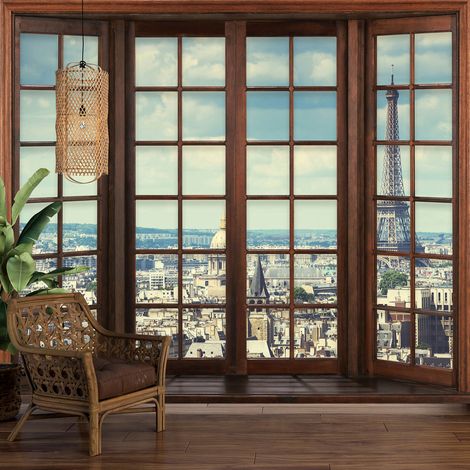 Papier peint panoramique Trompe l'oeil Fenêtre en bois - Paris tour eiffel - 130 cm x 104 cm (1/5)