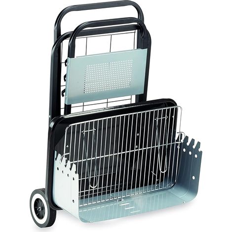 Garden – Barbecue portable pliable en acier émaillé noir – Dimensions 60x80x84 cm – Grille 54x38 cm – Étagère de rangement et roues