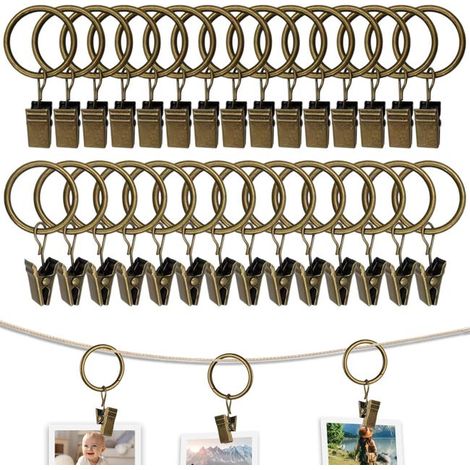 30 anneaux de rideaux avec clips métalliques, résistants à la rouille, adaptés aux tringles à rideaux, bronze, diamètre intérieur 32 mm (1/5)