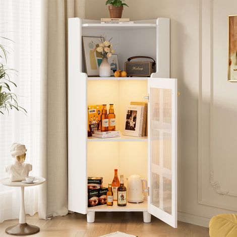 Mobiletto angolare da bagno a LED, mobile contenitore alto 2 in 1 (ripiano + vetrina a 2 ripiani), illuminazione APP, MDF laccato bianco (1/5)