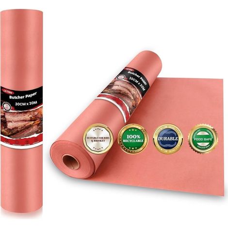 Rouleau de Papier de Boucherie, 30CM x 30M Qualité Alimentaire Papier Kraft Non Blanchi Non Ciré Non Couché Rose Boucher Papier pour Fumoir, Barbecue, Grille, Fumage, Cuisson de Viande Juteuse