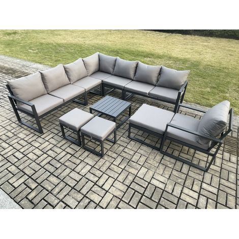 Fimous Aluminium Outdoor Garden Furniture Set Lounge Corner Sofa Square Coffee Table Chair Sets with 3 Footstools Dark Grey (1/5)