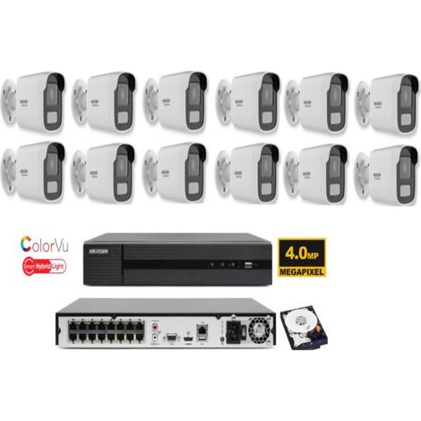 KIT videosorveglianza ip POE Hikvision Nvr 16 canali 4K 12 telecamere Smart Hybrid ColorVu 4 MP hdd 1TB