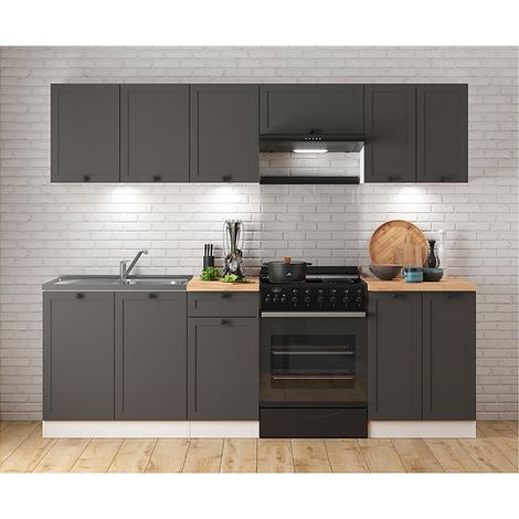 Cuisine complète 240 cm,Ensemble de meuble de cuisine coloris Gris graphite/Blanc, sans plan de travail (1/4)