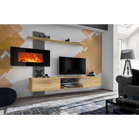Ensemble meuble TV avec cheminée électrique "Flame E" - Beige/Noir - L 250 x H 170 x P 40 cm - Livraison gratuite (1/4)
