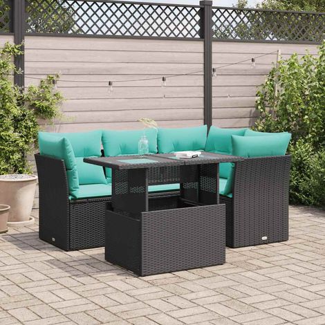 5tlg. Garten-Sofagarnitur mit Kissen Schwarz Poly Rattan Akazie (1/5)