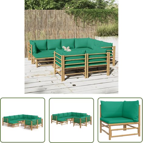 The Living Store 10-tlg. Garten-Lounge-Set mit Grünen Kissen Bambus - Bambus Möbel - Gartenloungeset - Outdoor Möbel - Gartenmöbel - Esstisch (1/5)