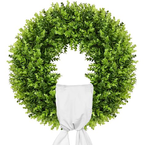 Une couronne de buis de 50 cm avec cadre de porte et nœud à carreaux, décorée de fausse verdure luxuriante, parfaite pour les décorations de style campagnard printemps/été pour les murs, les fenêtres (1/4)