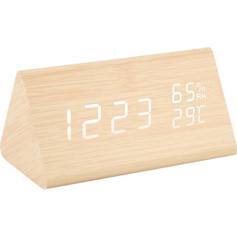 Horloge Triangulaire Bois - Affichage Numérique Température Humidité - Réveil Vocal - Alimentation USB ou Piles - 1 Pièce (1/5)