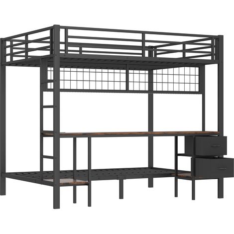 Letto a soppalco 140 x 200 cm in metallo nero con scrivania, contenitori e LED, senza materasso (1/5)