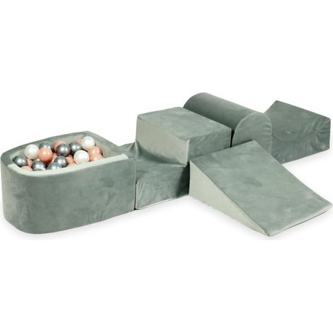 Aire de jeux en mousse avec colline et piscine, micro-pelouse gris velours + 100 balles : argent, perle, or rose (1/5)