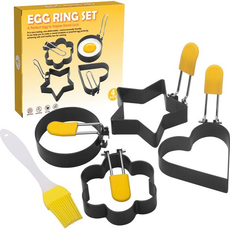 Eierring, 4 Stück antihaftbeschichtete Eierringe in Blumenform, Eierringe aus Edelstahl, mit Bürste und Verbrühungsschutz-Silikonhülle, zum Kochen von Spiegeleiern/Pfannkuchen/Omeletts und mehr (1/5)