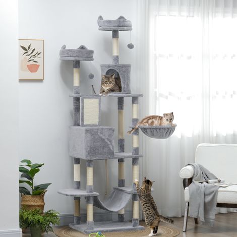 Großer Katzenkratzbaum, 206 cm hoch, mit mehreren Ebenen, Höhlen, Hängebällen und Hängematten, Grau (1/5)