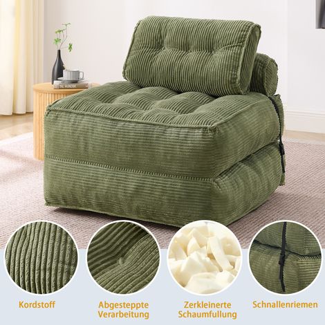 Canapé-lit pliant 2-en-1 en velours côtelé vert, fauteuil lounge convertible avec dossier ajustable, sofa polyvalent pour salon et chambre