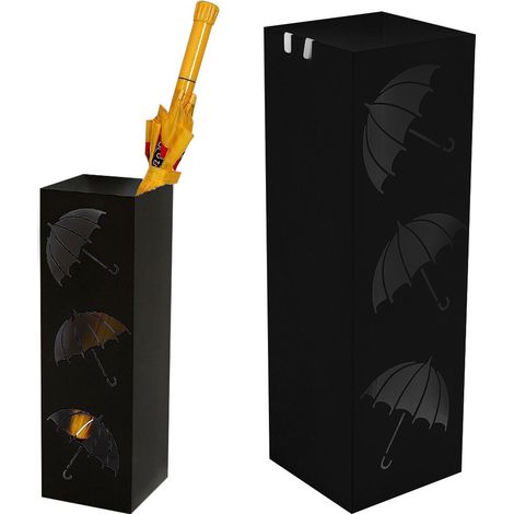 Portaombrelli in Ferro Design Quadrato Stand Nero Vaschetta Salvagoccia (1/4)