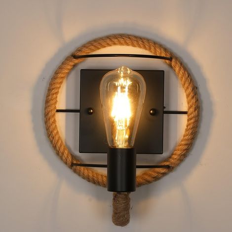 Applique Murale Industrielle Vintage Lampe Murale Interieur Rétro Fer Forme Corde Chanvre Lampe Socle E27 Douille Applique Bars 26cm (1/5)