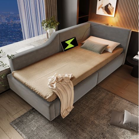 Lit banquette en velours gris 90x190 cm avec rangement hydraulique, USB-C, liseuse et sommier à lattes (1/5)