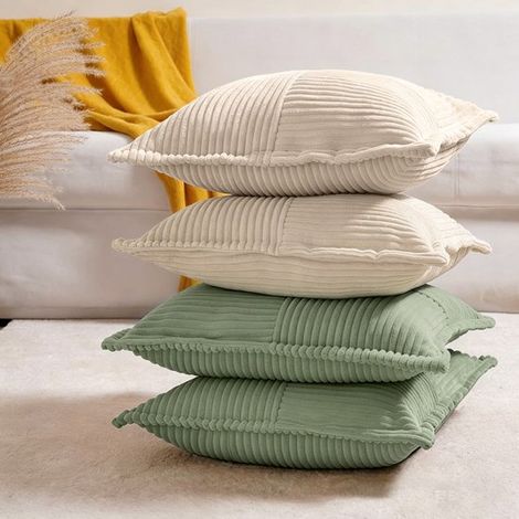 Juego de 4 fundas de cojín cuadradas de pana con diseño de patchwork，verde salvia + amarillo jengibre + marrón + beige，4545 cm (1/5)