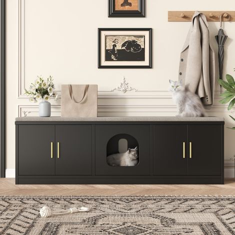 Banc à Chaussures - Meuble Chat Multifonction - Maison de Toilette et - 140x40x45,5 cm - Griffoir et Ventilation - Noir (1/5)