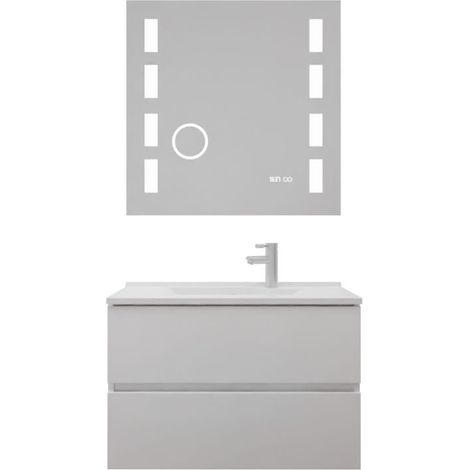 Meuble vasque ROSALY INOX 80 cm + miroir Excellence- Blanc- Plan vasque en Résine