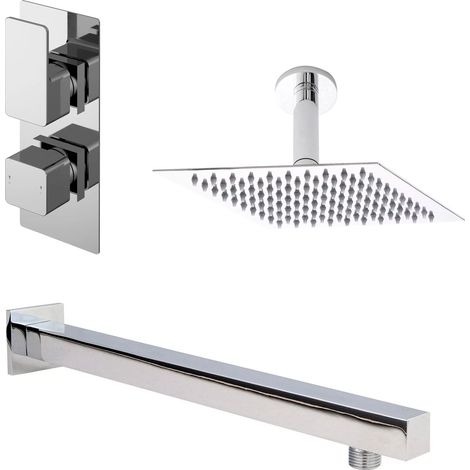 Nuie Windon Thermostatic Twin Square Concealed Shower Valve with Fixed Head and Arm - Chrome