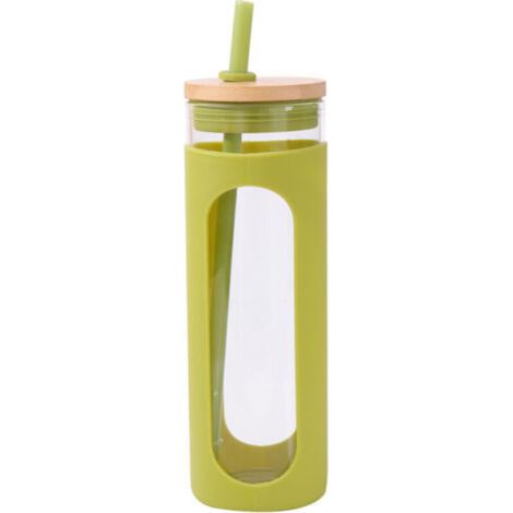 Bouteille d'eau en verre avec paille en bambou et couvercle étanche - gobelet écologique avec manchon en silicone, adapté à la maison et aux voyages. (1/5)