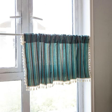 Cortina pequeña para dormitorio, cortinas opacas azules para cocina, algodón y lino, estampado de rayas bohemias, 150 x 120 cm (ancho x alto). (1/5)