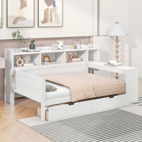 Lit banquette moderne 90x200 cm avec bureau, USB et prise, 2 tiroirs, étagères de rangement, panneaux de particules/MDF blanc (1/5)