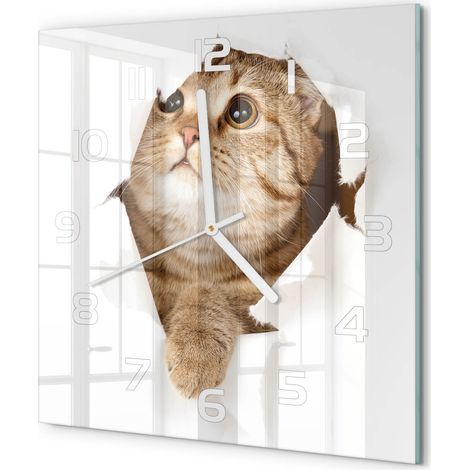 Horloge Murale Carrée Chambre Bureau Verre Silencieuse Design Moderne Élégant Chat 30x30 cm (1/5)