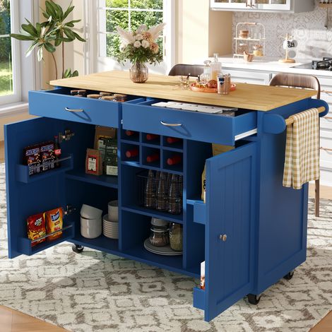Îlot de cuisine moderne 121,5×45×92 cm, desserte de cuisine, meuble de rangement multifonctionnel, plateau en MDF imitation bois, bleu