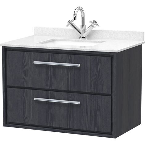 Longnor 2 Drawer Wall Hung Vanity Unit with Square Basin and Marble Worktop, Woodgrain Graphite Grey, 800mm (1/4)