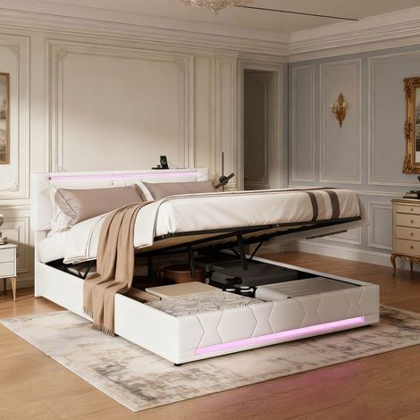 Cama con arcón - 140x190 - Tapizado en lino beige - Somier de lamas - Arcón, LED y puertos USB
